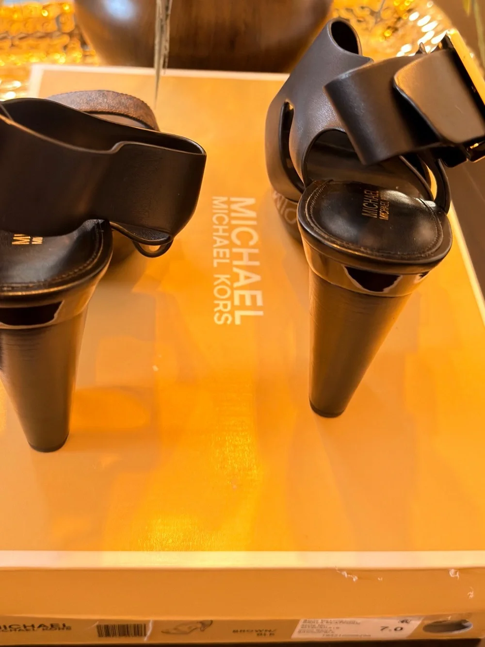 MICHAEL Michael Kors Carla Black Leather & Brown Logo-Print Wedge Sandals